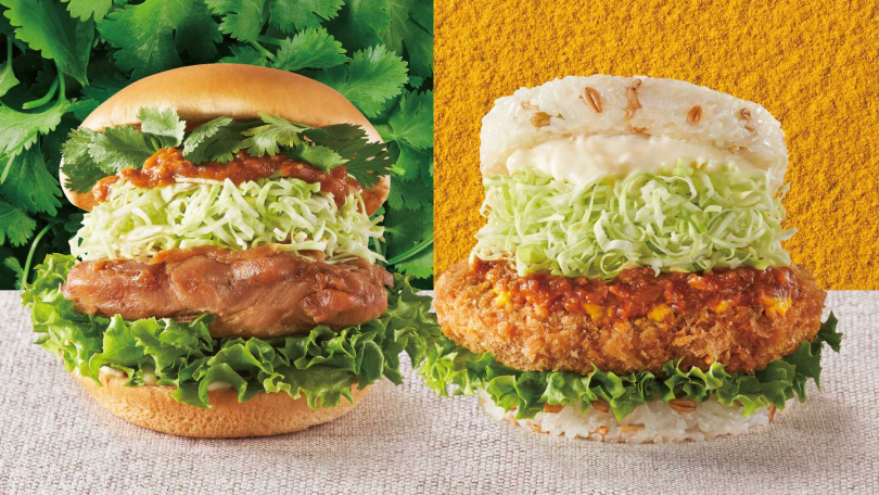 左圖為摩斯漢堡咖哩烤雞堡（附香菜），右圖為咖哩炸肉餅珍珠堡。（圖／業者提供）