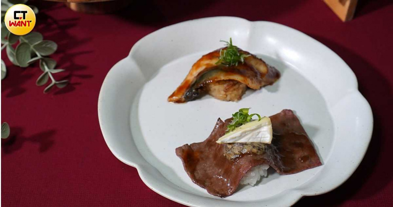 「松露乳酪和牛」（前，40元）、「極炙燒鰻油飯」。（60元，圖／魏妤靜攝）