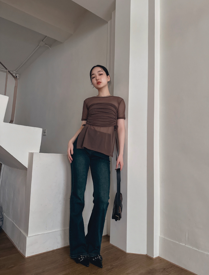 MD韓製/假兩件時髦側抽皺網紗上衣