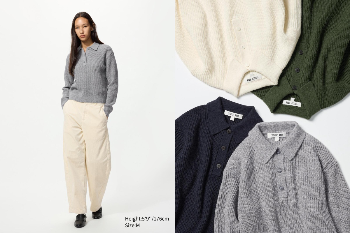 這款以40% 聚丙烯腈纖維、30% 聚酯纖維及 30% 羊毛混紡的 Polo 針織衫，針織品在保暖舒適的觸感下，提供了更耐洗、強韌的特性