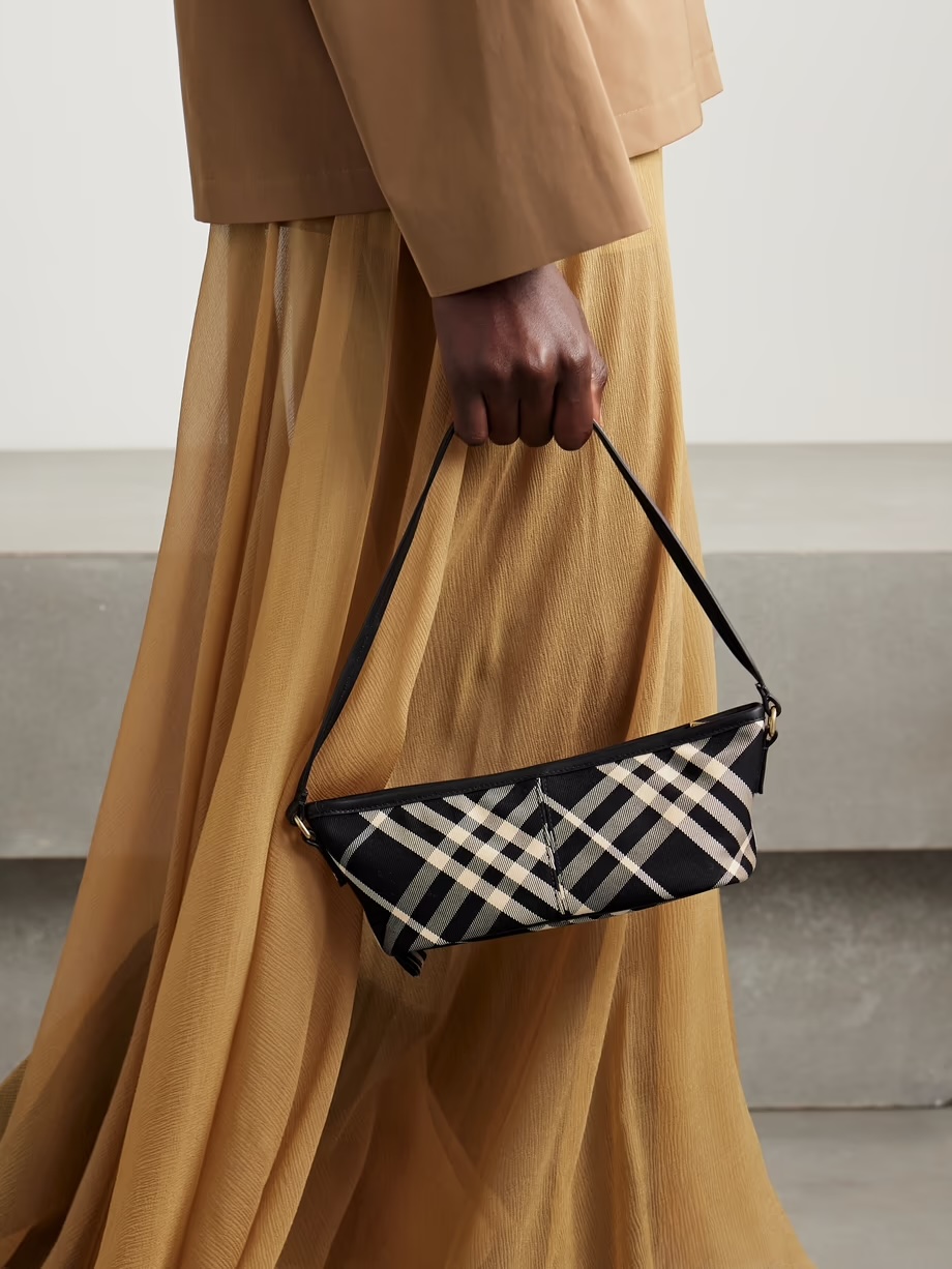 BURBERRY Leather-trimmed checked cotton-twill shoulder bag