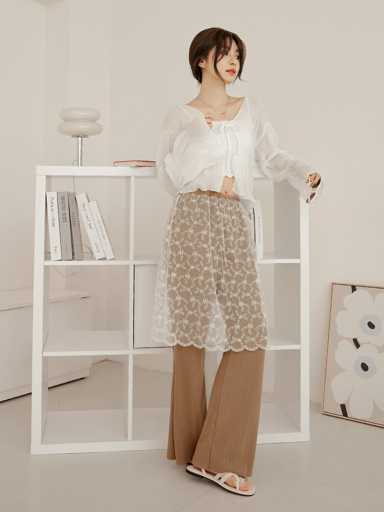 OB嚴選 透膚蕾絲雕花疊穿罩裙落地褲