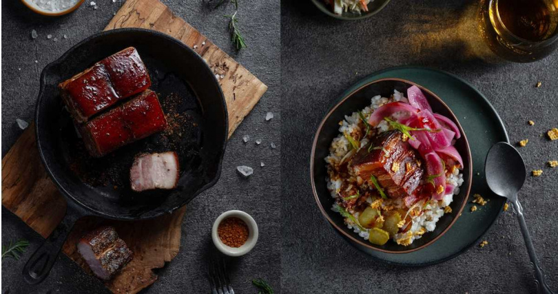 軟嫩且有炒糖醬色的「煙燻豬五花（西坡肉）」（左，400元）也做成「bark.Q控肉飯」（200元）於台中洲際棒球場推出。（圖／bark.Q提供）