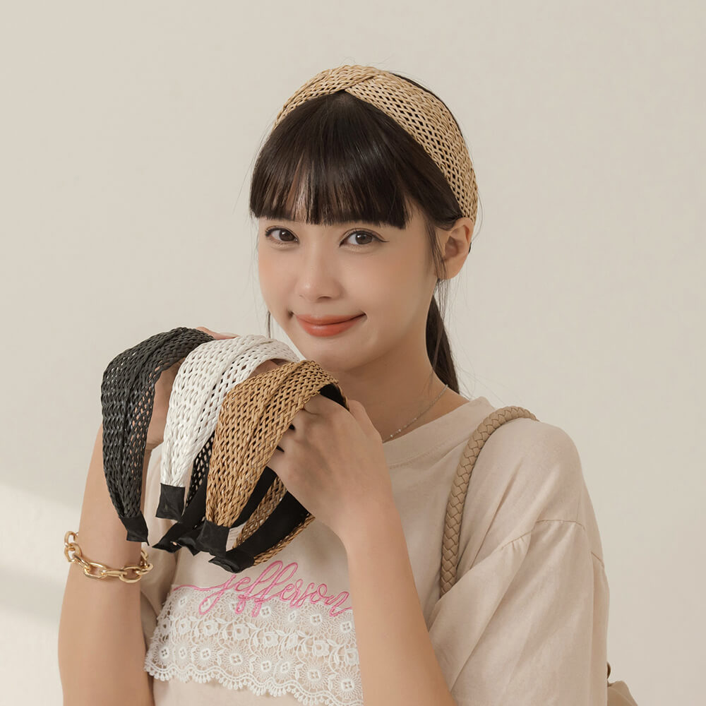 交叉設計大地色系草編髮箍