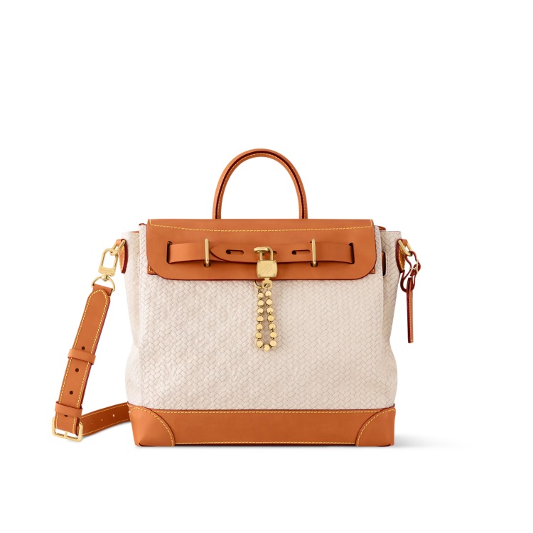 來自Pharrell Williams操刀的男士系列，Steamer 30以編織紋理小牛皮打造包身，巧妙融入Monogram圖騰，呈現細膩錯視效果。