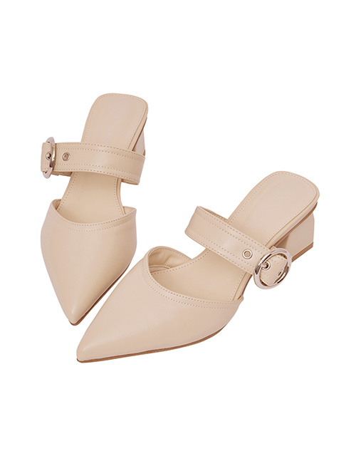 羽感綿柔圓釦尖頭中跟穆勒鞋