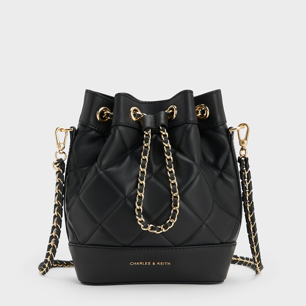 菱格紋抽繩水桶包