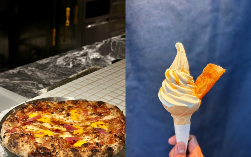 （左）Happy Buddha Pizza 的「辣蜂蜜與自製培根焦糖Pizza」、（右）蜷尾家的「辣蜂蜜豆漿油條」冰淇淋。（圖／品牌提供）