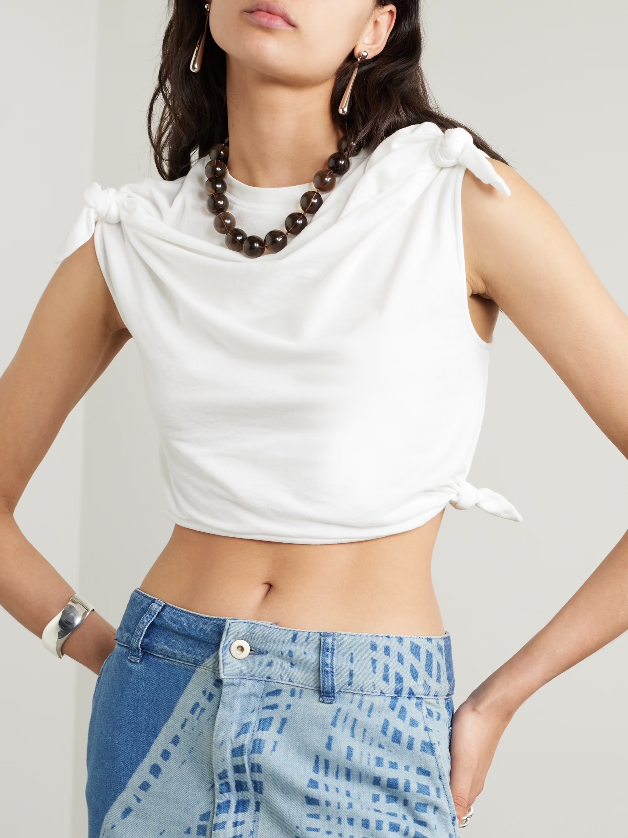 LOEWE x Paula's Ibiza cropped knotted cotton-blend jersey T-shirt