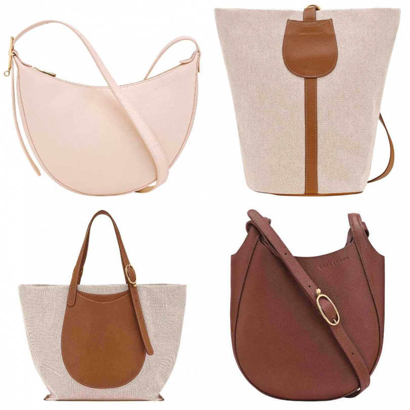 LONGCHAMP LE FOULONNÉ斜背袋(奶油色)／17,600元，COMPLICE水桶包(淡紅褐色)／16,300元，COMPLICE肩揹袋(淡紅褐色)／19,900元，LE FOULONNÉ手提包(摩卡色)／26,900元（圖／品牌提供）