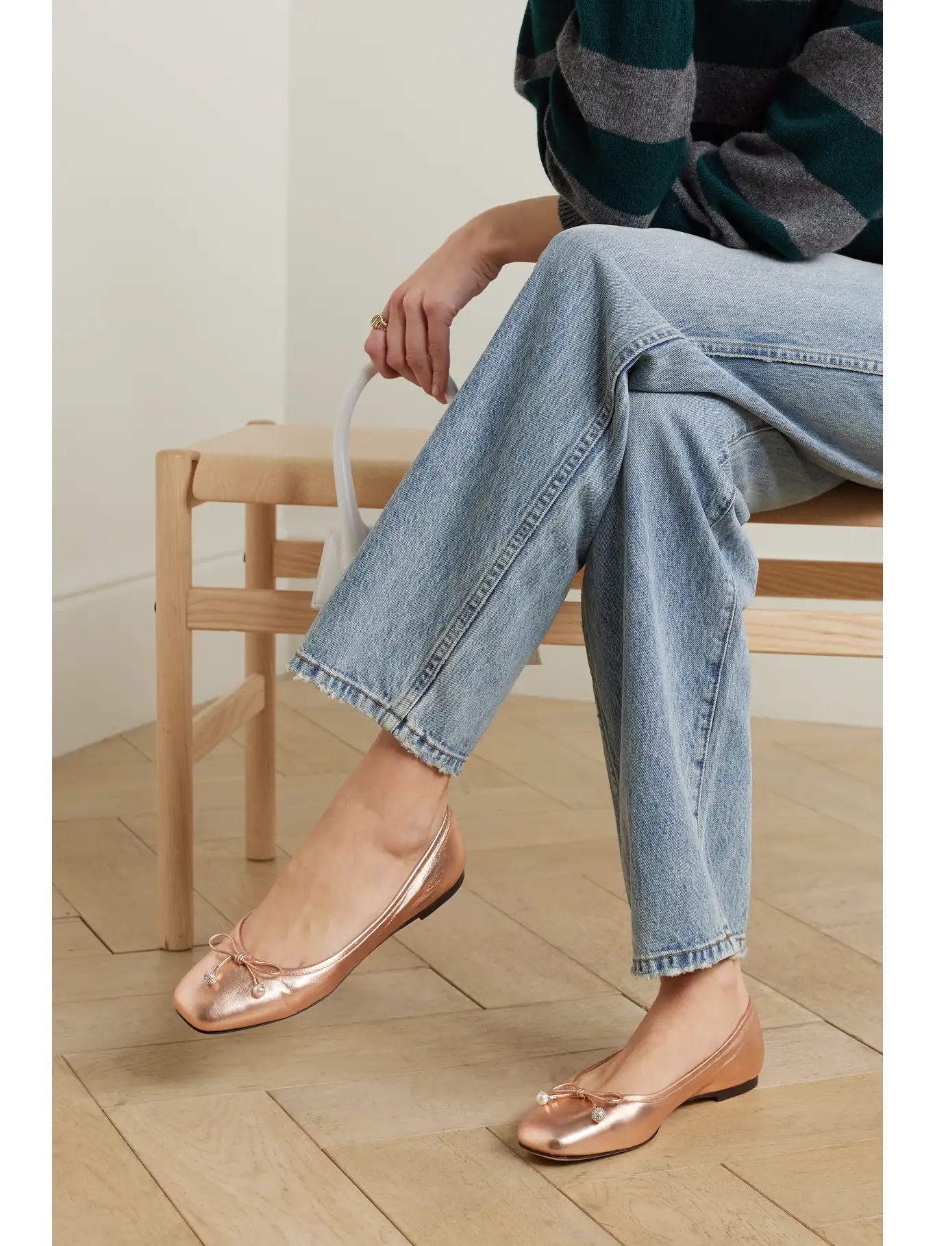 JIMMY CHOO Elme embellished metallic leather ballet flats