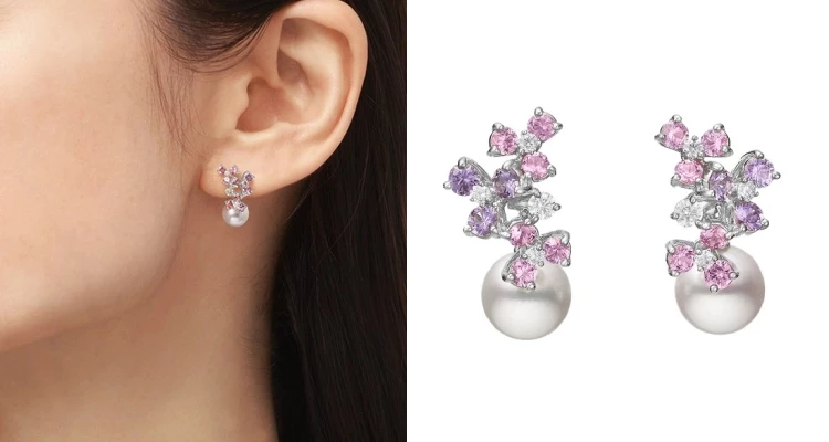 這對Mikimoto的珍珠耳環非常精彩，它跳脫了珍珠給人「老氣」或「過於端莊」的刻板印象，利用粉紅色與紫色系的藍寶石，交織出如同繁花盛開的視覺感，而下方的珍珠則扮演了穩重且溫柔的收尾角色。就讓這抹柔美的光澤，成為母親耳際最迷人的目光焦點。（商品價格約：NTD 122,000）