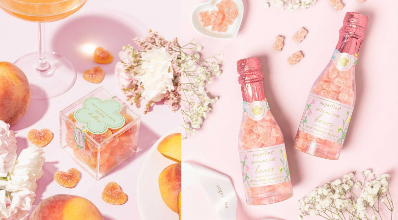「貝里尼水蜜桃」軟糖（左，490元）、「氣泡粉紅酒小熊軟糖」慶祝瓶。（1,190元，圖／ Sugarfina 提供）
