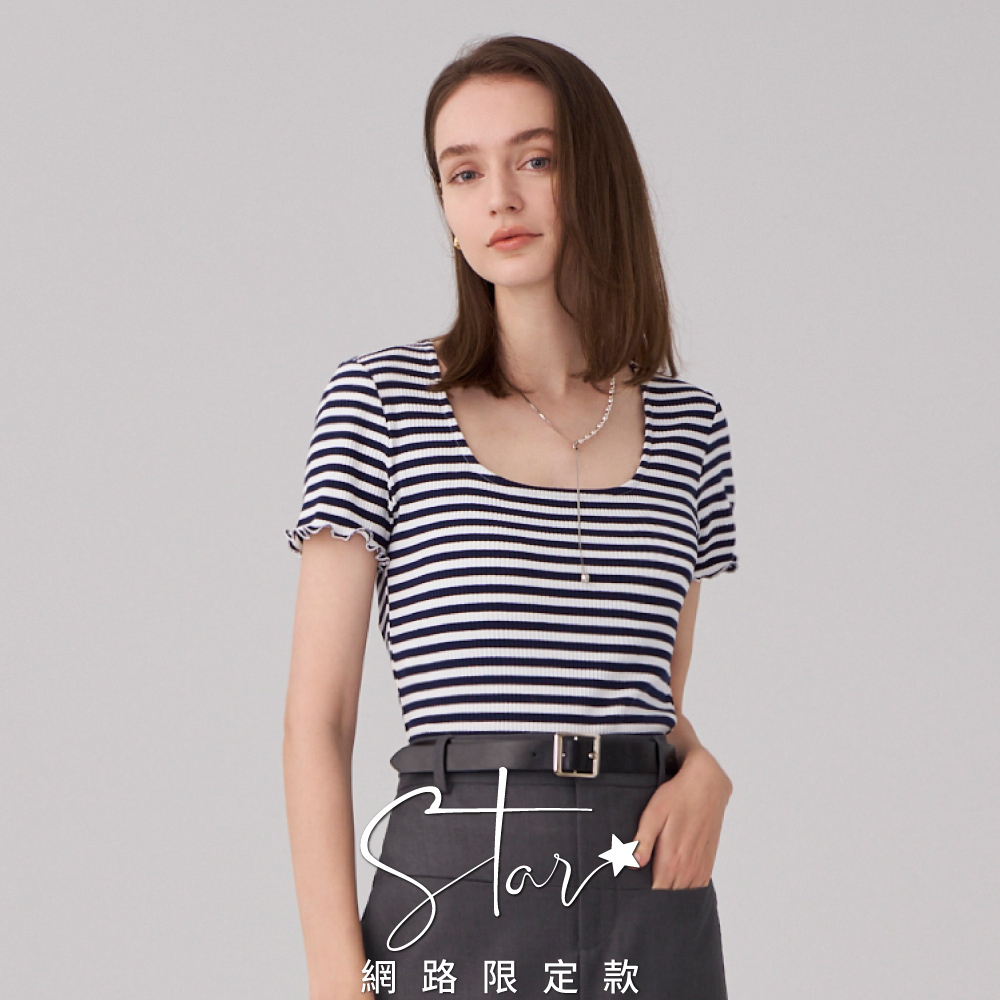 STAR 撞色條紋U領木耳邊短版坑條上衣