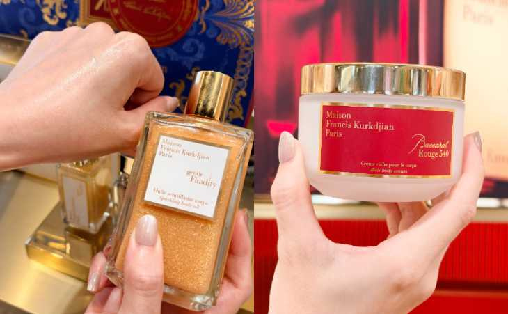 Maison Francis Kurkdjian 540水晶之燄奢潤身體乳霜 200ml／6,400元、自由之我(金) 閃亮身體潤膚油 200ml／8,400元（圖／廖怡婷 攝）