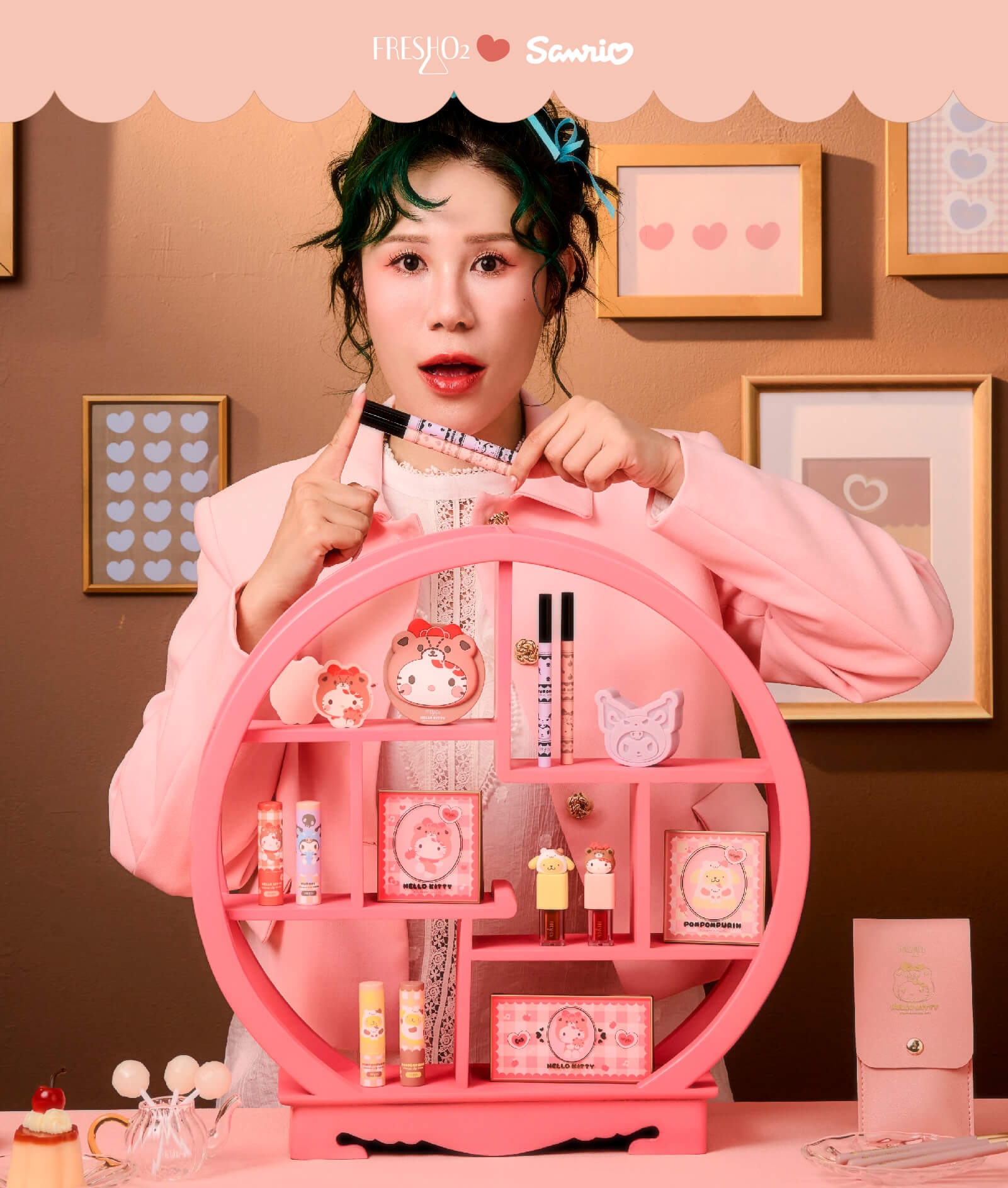 【FreshO2】Hello 今天的你好嗎 Hello Kitty保濕唇油+眼線液任選1色+Hello Kitty折疊手拿鏡組 贈提袋