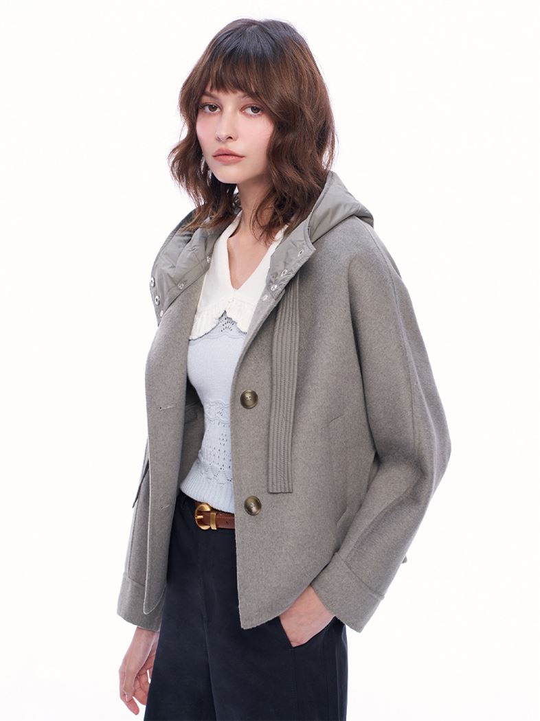 時髦鋪棉連帽雙面羊毛大衣