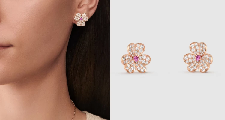 Van Cleef & Arpels的「Frivole」系列，將大自然的靈動縮影成耳際最溫柔的陪伴。三片心形花瓣以玫瑰金立體簇擁，密鑲鑽石的光芒與中央點綴的粉色藍寶石交織，宛如晨曦下綻放的繁花。在這個母親節，這對耳環不僅是珠寶，更像一份充滿詩意的謝禮。象徵著母親如花朵般優雅且堅韌的生命力，在歲月微風中始終閃耀著溫潤而恆久的偉大光輝。（商品價格店洽）