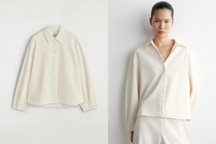 這款COS米白色燈芯絨襯衫，以極簡俐落的線條展現品牌一貫的美學。選用柔軟細緻的燈芯絨布料，帶出低調光澤與溫潤質感。