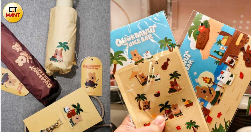 DINOTAENG周邊推出21吋與19吋摺疊傘、手機吊繩組（左），還有可額外加購的19元貼紙。（圖／魏妤靜攝）