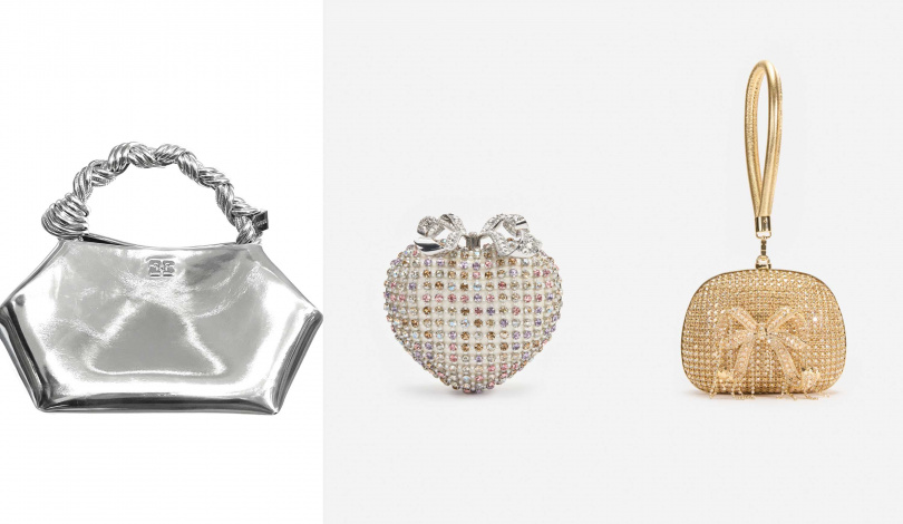 GANNI BOU BAG 鏡面小型手提包-銀／19,800元、self-portrait Multi Crystal Heart Clutch Bag／25,800元、self-portrait Gold Crystal Top Handle Clutch Bag／22,800元（圖／品牌提供）