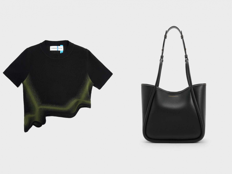CHARLES & KEITH x PH5針織波浪邊上衣-綠色(官網獨家)／3,390元，Lyla中型托特包(黑色)／2,590元（圖／品牌提供）