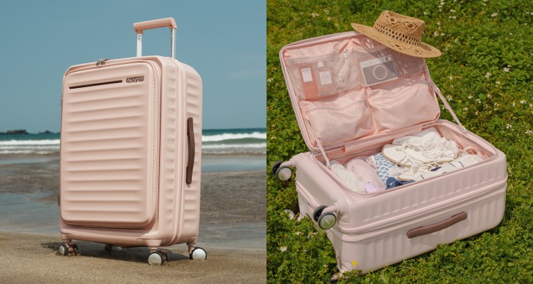 來自American Tourister的Frontec系列，以柔霧多巴胺色系掀起秋冬行李箱新風潮。全新草莓粉色以低彩度呈現高級氣質，與摩卡棕、大地灰等中性色形成和諧對比。