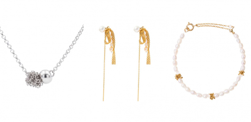 Olivia Yao Jewellery Tassels純銀霧光雙球流蘇項鍊／3,890元，Tassels純銀浪漫緞帶長耳環／4,380元，Relationship金穗珍珠手鍊／3,890元（圖／品牌提供）