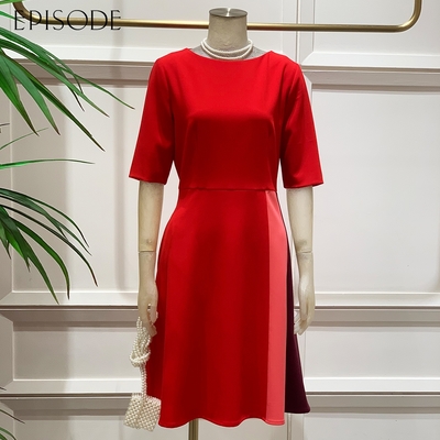 EPISODE - 清新拼色收腰傘裙擺短袖雪紡洋裝142712（紅）