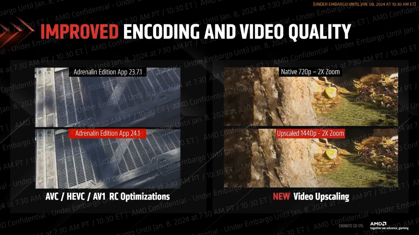 AMD也將透過驅動程式更新強化影片壓縮的畫質，並提供基於FSR演算法的影片播放升頻功能。