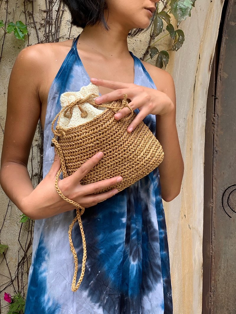 藤編風格束口包/斜背包/手工拉菲草編織包