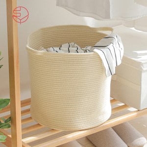 【日本霜山】亞麻風棉線編織圓形洗衣收納籃-附手把單一規格