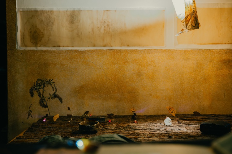 林佩璇 的作品《珖》，在甜點店「餘」的半戶外空間搭建僅能容納一人的棚子，透過閱讀繪本牽起光與在地氣息。