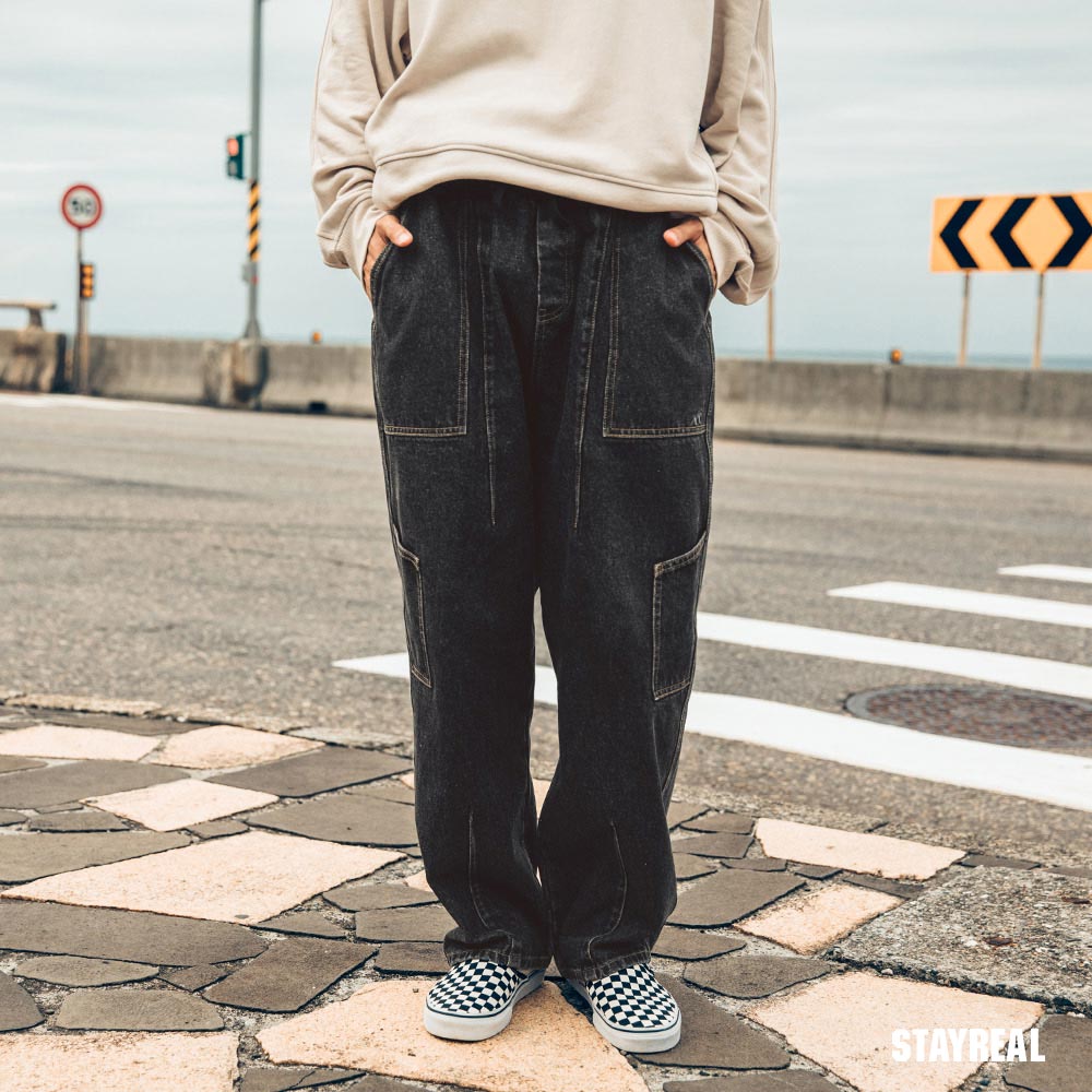 STAYREAL STAY WILD拼接工裝直筒牛仔褲 - 黑