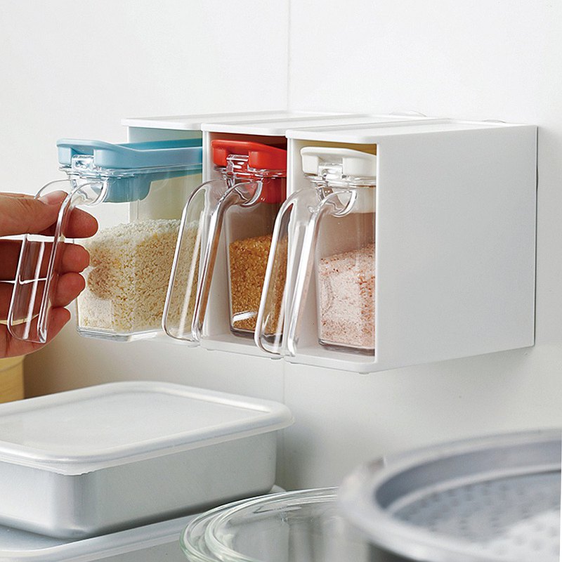 日本霜山 壁掛收納式快取調味料盒附挖勺3入組 (三色各一)