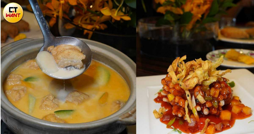 「干貝龍膽魚奶湯」升級加入干貝與小珠貝，讓湯頭更鮮美（左，1,280元 +10%），「糖醋珊瑚咕咾肉」則從「松鼠黃魚」發想而來。（780元 +10%，圖 ／魏妤靜攝）