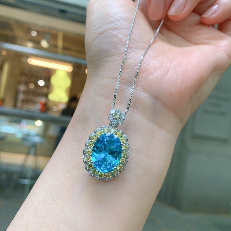 原創設計仿真海藍寶項鏈墜托帕石首飾套裝三件歐美氣質鑲嵌鍍金