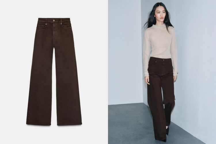 Jennie這套造型的亮點，正是深棕色牛仔褲本身的存在感。偏可可調的丹寧色澤低調溫潤，搭配立體車線與微寬直筒剪裁，讓下半身線條更俐落有份量。