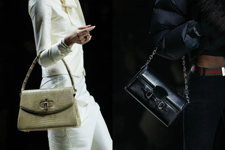 模特兒手上的Bamboo 1947以更俐落的新體積回歸，竹節提把改用柔性拼接皮革，線條乾淨許多。晚宴手拿包放大尺寸，可以裝手機。沒錯，就是這麼實際。