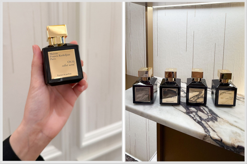 左：Maison Francis Kurkdjian絲絨沙幕香精35ml / 9,400元、70ml / 14,500元。右為整個OUD系列。（圖／品牌提供）