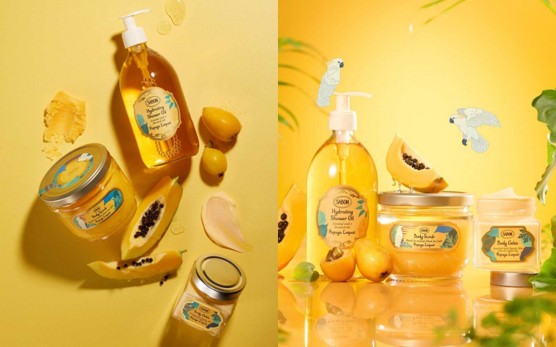 SABON熱帶果嶼輕潤沐浴油300ml／1,080元&500ml／1,380元、熱帶果嶼身體磨砂膏320g／1,580元&600g／2,180元、熱帶果嶼清爽保濕凝凍200ml／1,580元（圖／品牌提供）