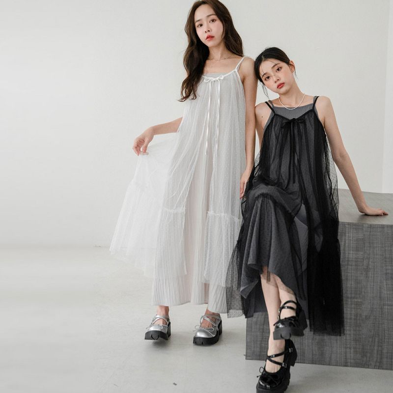 現貨可調細肩帶點點透膚魚尾網紗罩衫連衣裙洋裝(共2色)0702 【NP2045】