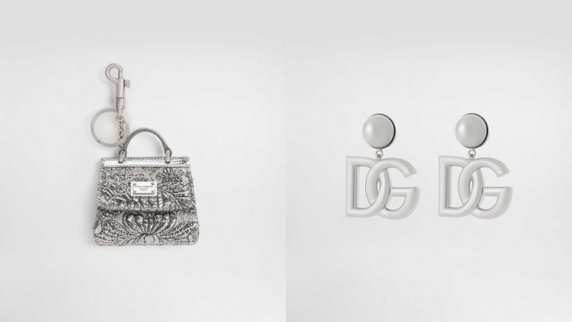 Dolce&Gabbana小牛皮壓紋迷你包／24,000元，DG 銀色夾式耳環／14,000元（圖／品牌提供）