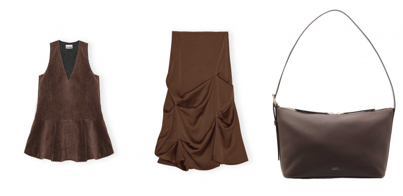 （圖／GANNI短洋裝、GANNI摺皺中長裙、A.P.C. VERA深咖肩背包）