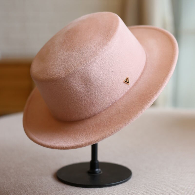 羊毛呢V字平頂毛呢帽簡約百搭禮帽平沿氈帽時裝帽子秋冬女潮韓版1入