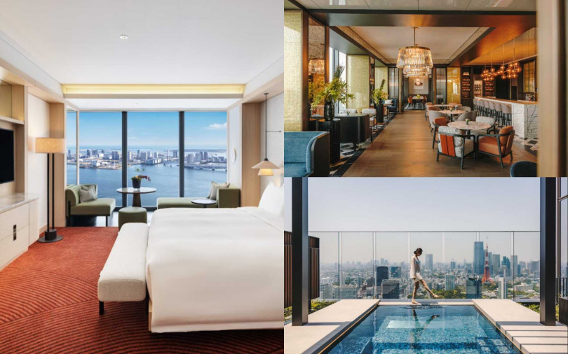 費爾蒙東京-費爾蒙黃金海灣景觀房。寬敞大窗灑落風和日麗的自然光，映照東京灣的壯麗全景。即便身處都市中心，也能感受寧靜與安適，身心皆獲得深層放鬆。（©フェアモント東京）