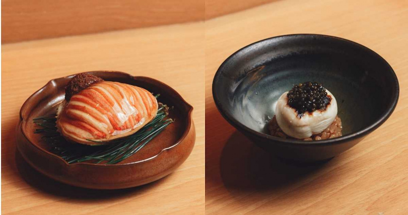 照壽司菜色「香箱蟹」（左）、「白子、初魚聯名魚子醬」。（圖／初魚集團提供）