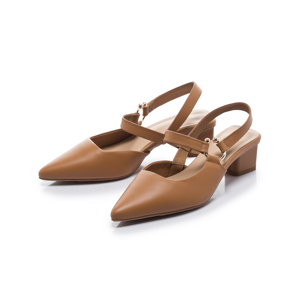 優雅小姐 時髦尖頭後拉帶低跟涼跟鞋 棕 (4A3026)