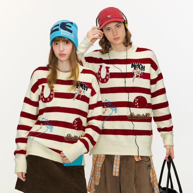 情侶刺繡聖誕針織衫 馬年跨年衣服紅白撞色條紋毛衣