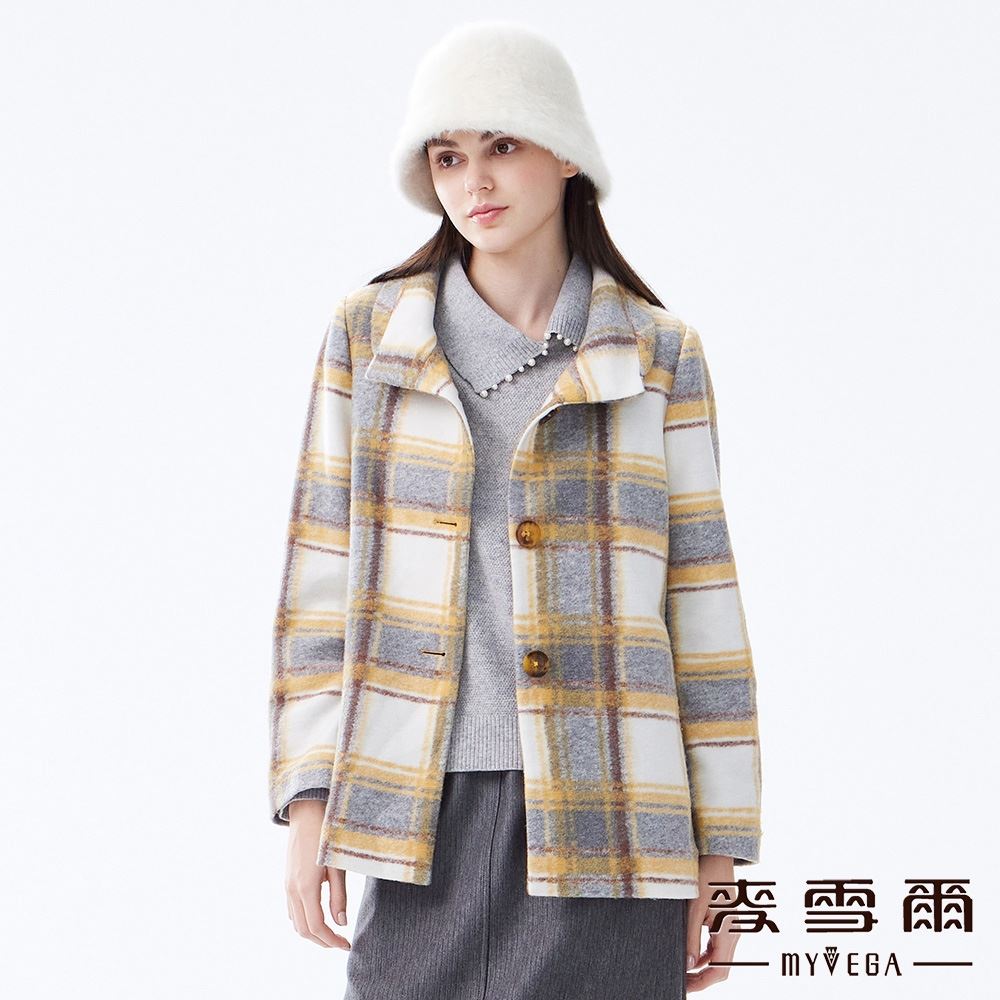 新品滿千折百【麥雪爾】配色大格紋排釦大衣外套-黃